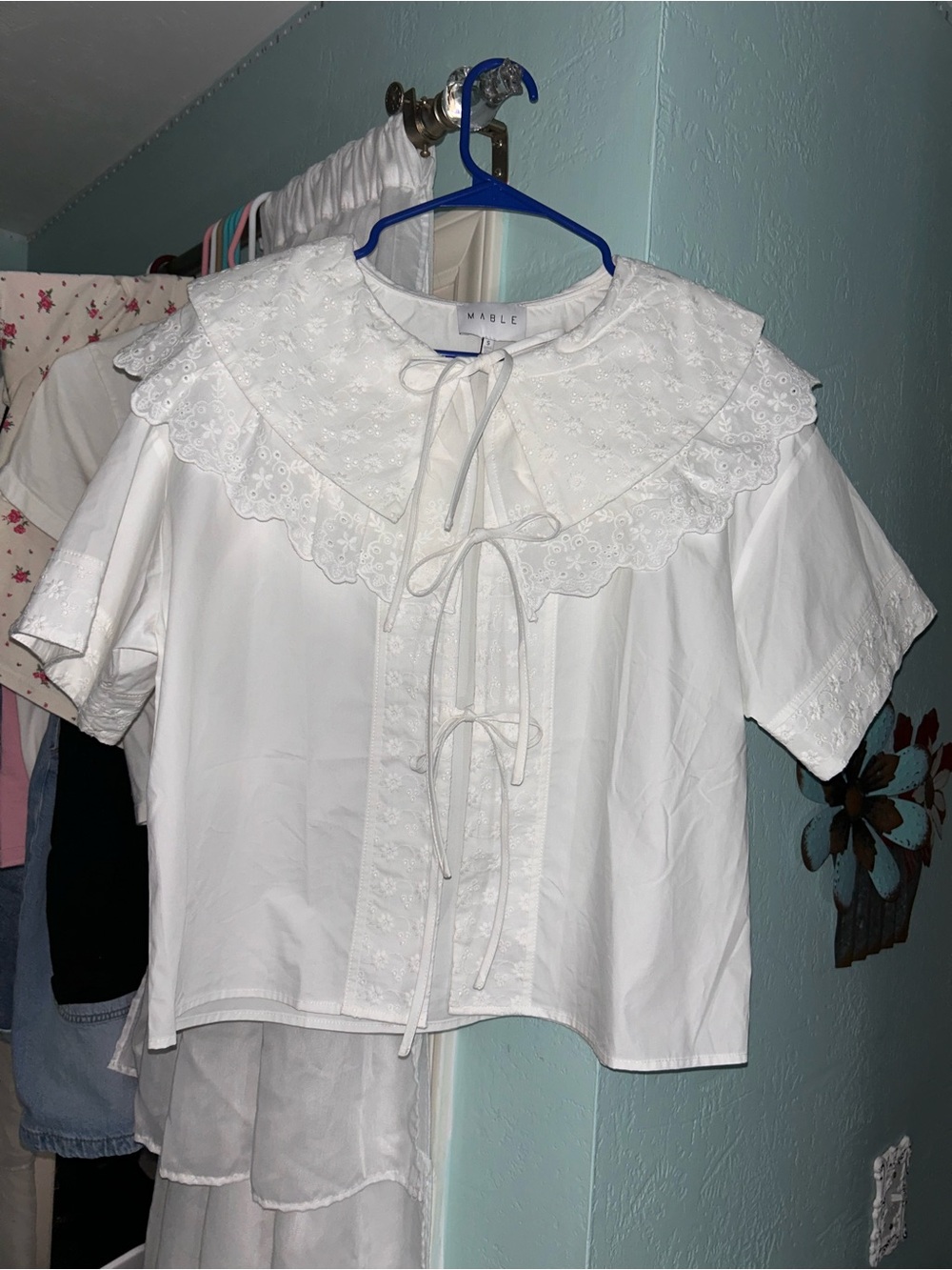 White Embroidered Eyelet Tie-Front Blouse by Mable - Picture 2 of 3